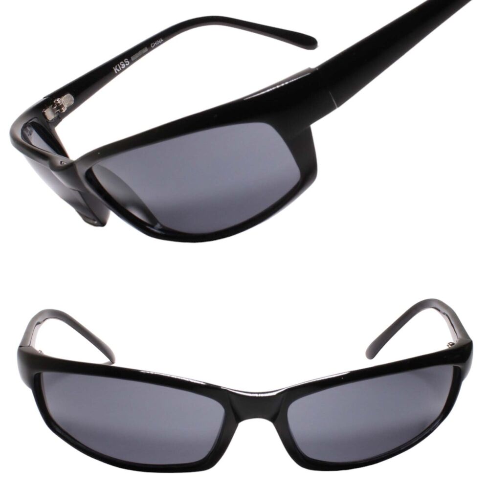 Angular Shape True Vintage Wraparound Sporty Look Rectangle Black Sunglasses
